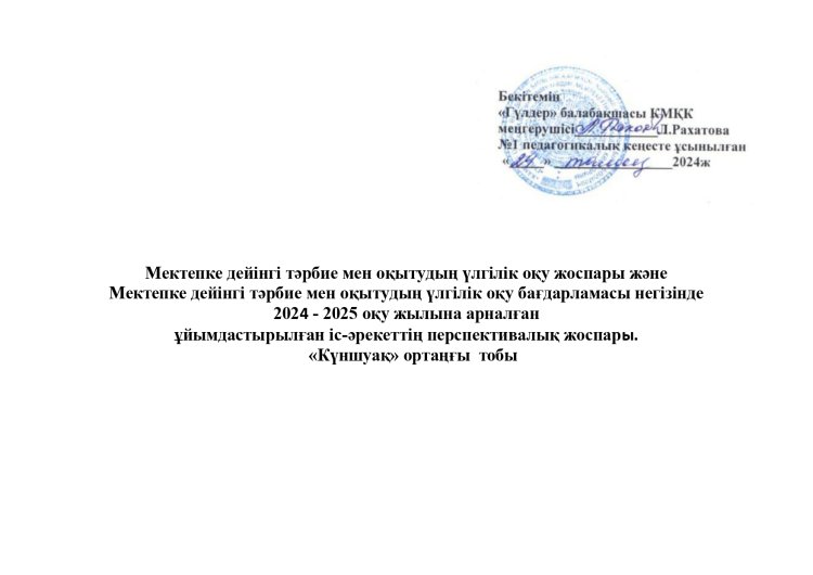 Перспективалық жоспар 2024-2025 оқу жылы ортаңғы "Күншуақ" тобы